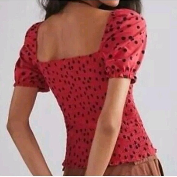 Anthropologie Dolan Top Polka Dot Smocked Shirt Red BlacK Puff Sleev Size XL - Picture 2 of 6